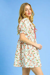 Umgee Floral Print Puff Sleeve Tie Front Mini Dress OutfitFlow